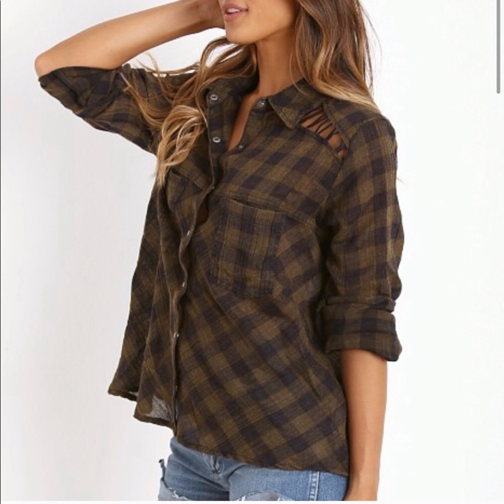 Free People Gauzy Lace Up Cutout Plaid Top M - Picture 2 of 6